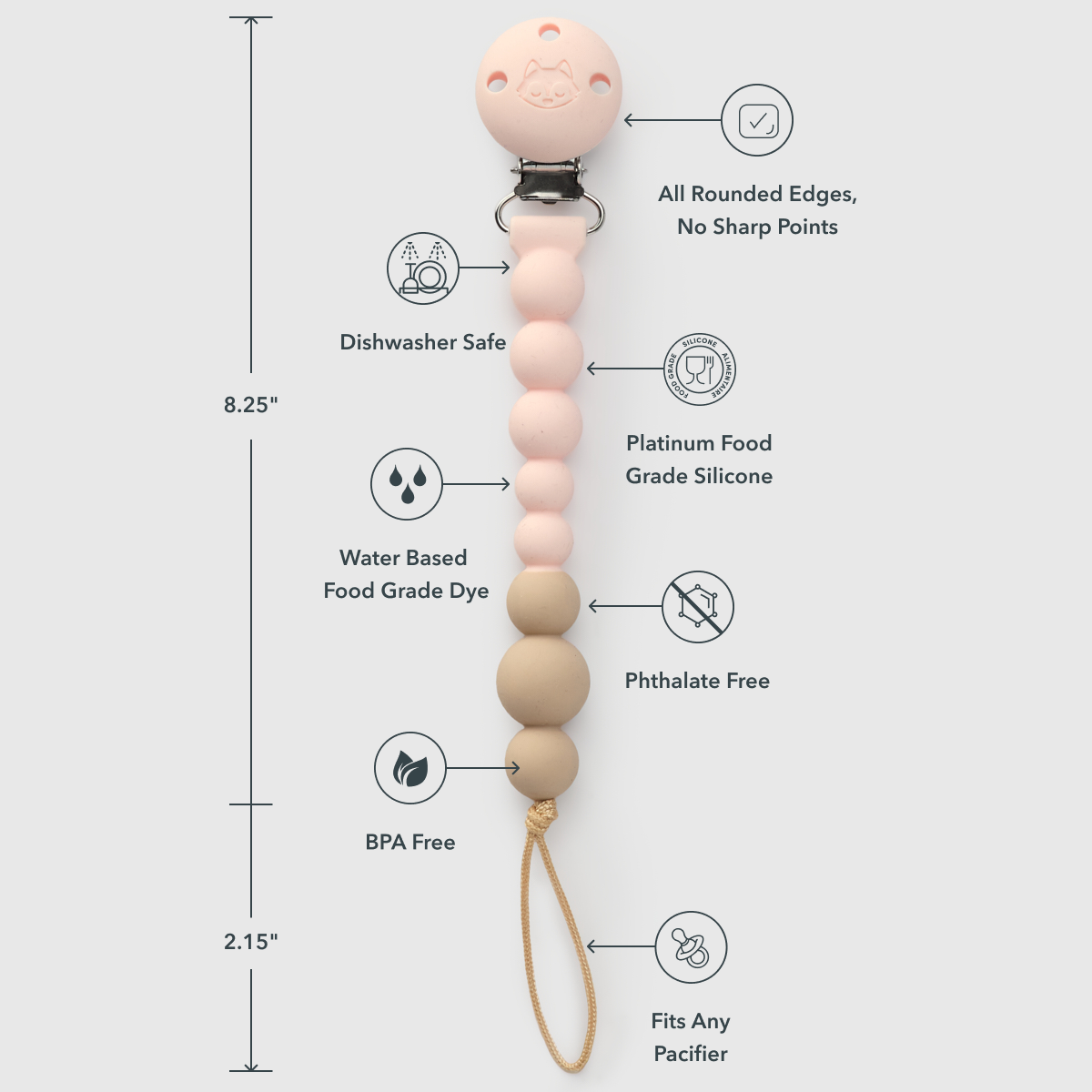 A silicone pacifier clip with a beaded handle, shown with dimension lines and feature callouts. The clip is silver metal, and the handle features a light pink top bead, pale pink beads, natural wood beads, and a tan loop.