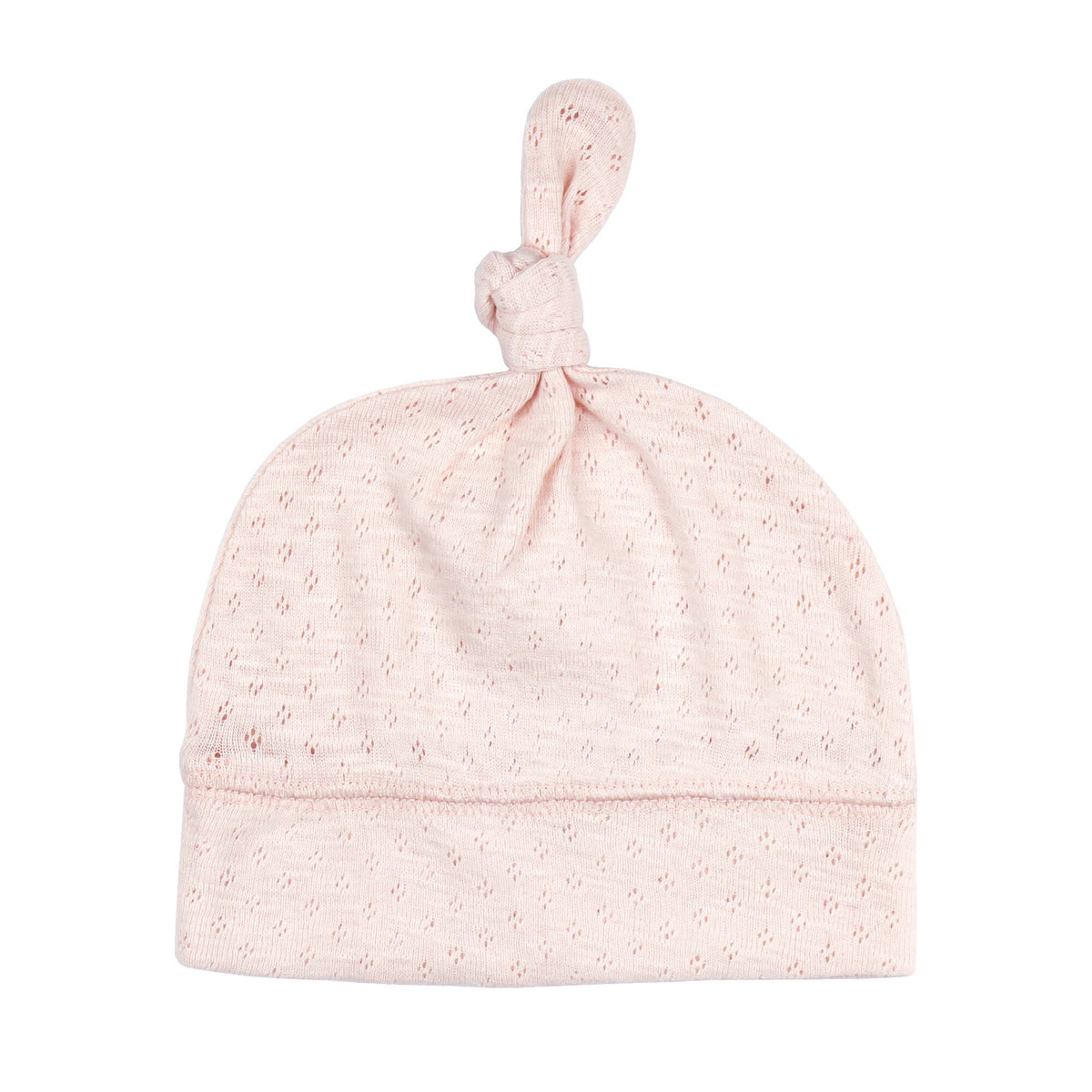 Pink baby hat with a knot on top against a white background