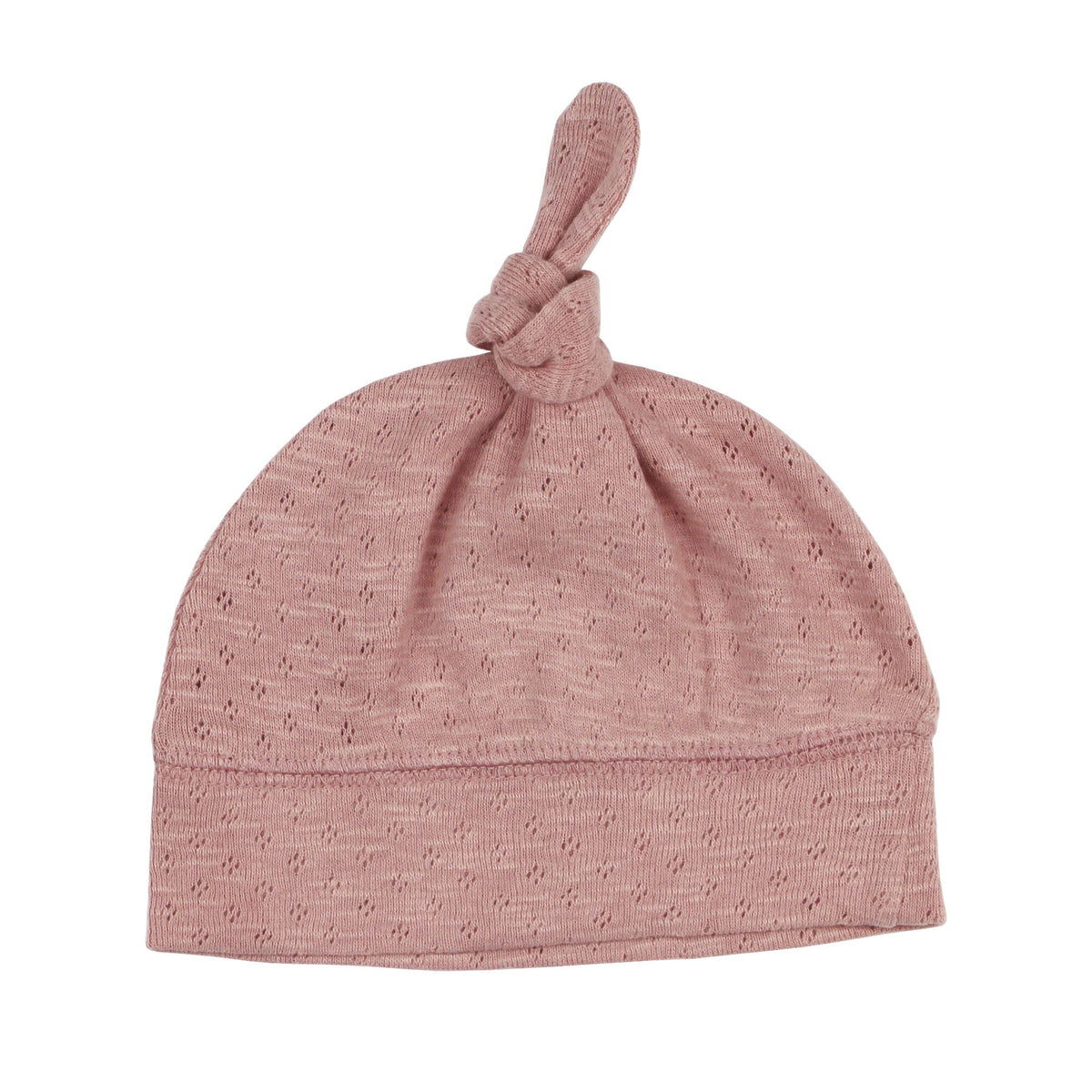 Pink baby hat with a knot on top against a white background