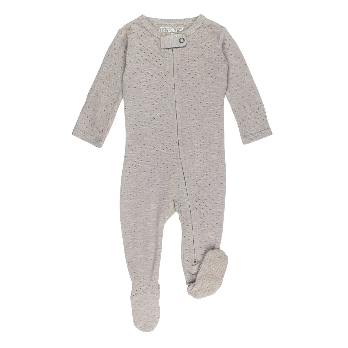 Gray baby onesie with footies on a white background