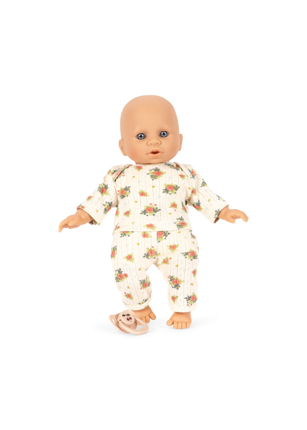 Baby doll wearing a floral onesie on a white background