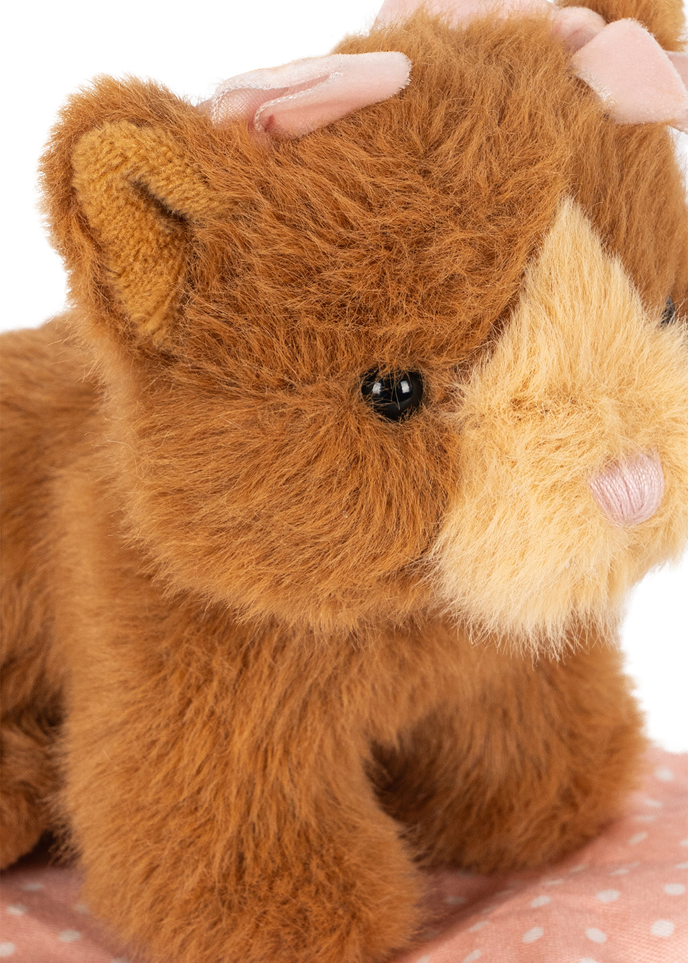 A close-up of a plush stuffed animal with fluffy brown fur, a cream-colored snout and face, small pink ears, and a pink nose, photographed against a white background.