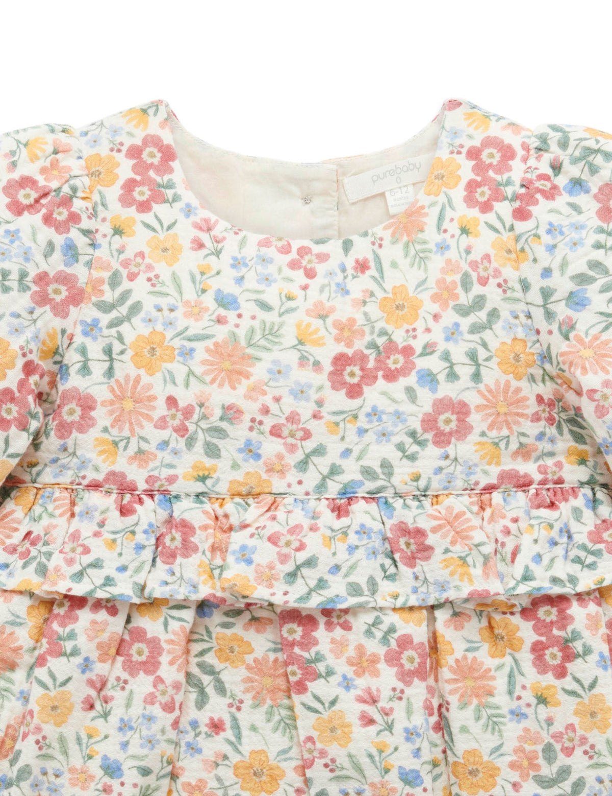 Floral dress with a ruffled neckline on a white background