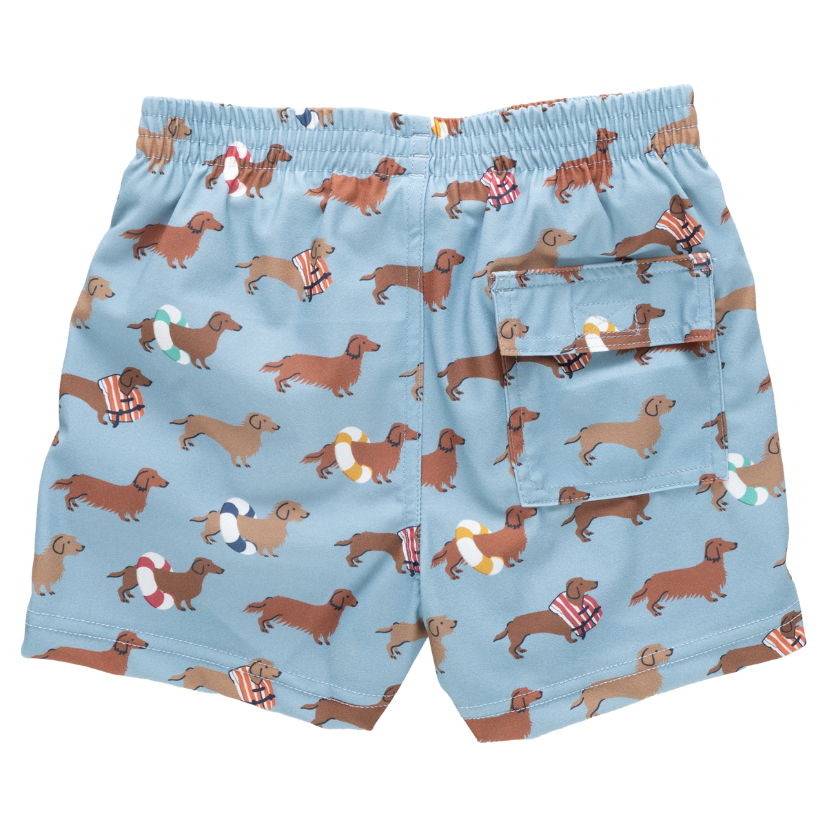 Blue swim shorts with dachshund pattern on a white background