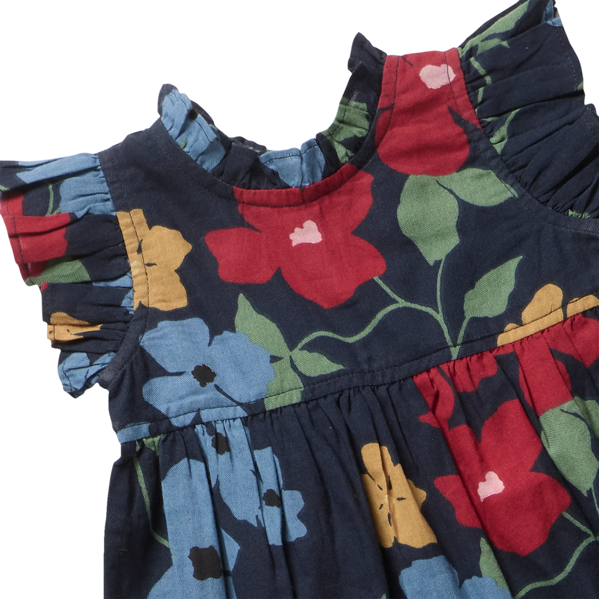 Close-up of a children's dress with a dark navy floral print, featuring red, blue, and mustard yellow flowers with green leaves and ruffled sleeves.