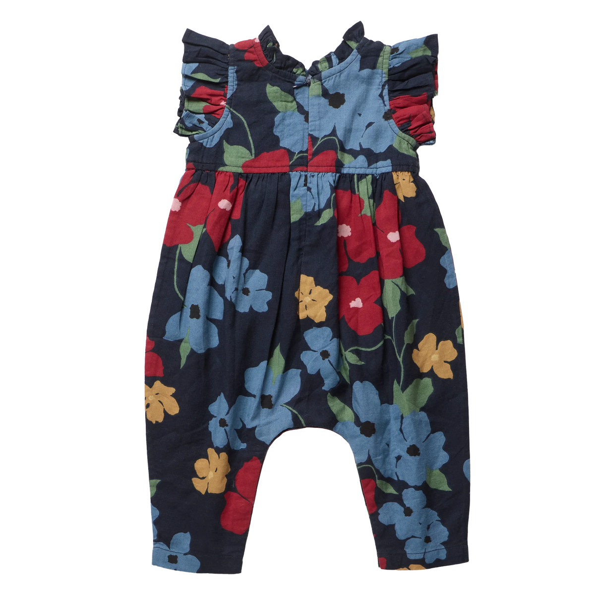 A baby romper with a dark navy blue background and a vibrant floral print featuring blue, red, yellow, and green flowers. The romper has ruffled shoulder straps, a smocked bodice, and a leg opening style typical of baby jumpsuits.