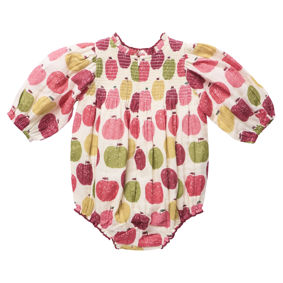A baby long-sleeve romper with a smocked chest and puff sleeves, featuring an all-over print of stylized pumpkins in pink, red, green, and yellow on a cream background.