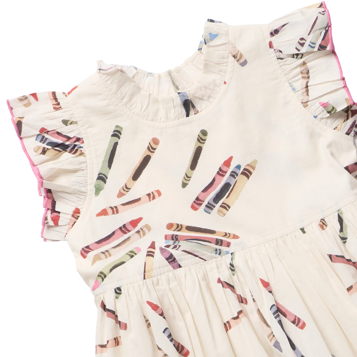 A close-up of a cream-colored children's dress with a colorful crayon print and ruffled sleeves, shown on a plain white background.