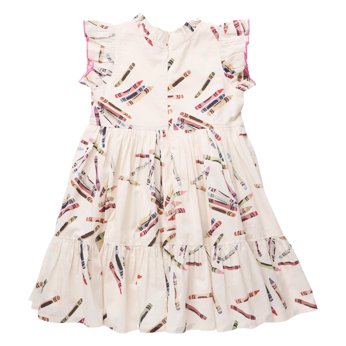 A sleeveless tiered dress for toddlers or girls, featuring an off-white/cream base with a colorful crayon print and pink ruffled trim along the shoulders.