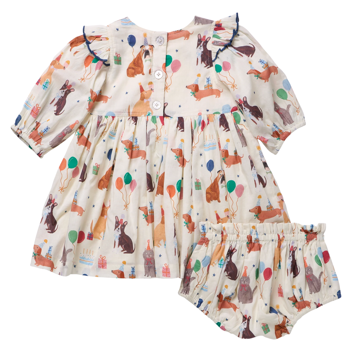 A baby girl's two-piece outfit set consisting of a short-sleeve dress and matching bloomers. The cream-colored fabric features an all-over print of woodland animals like foxes, rabbits, and squirrels, along with colorful balloons and stars.