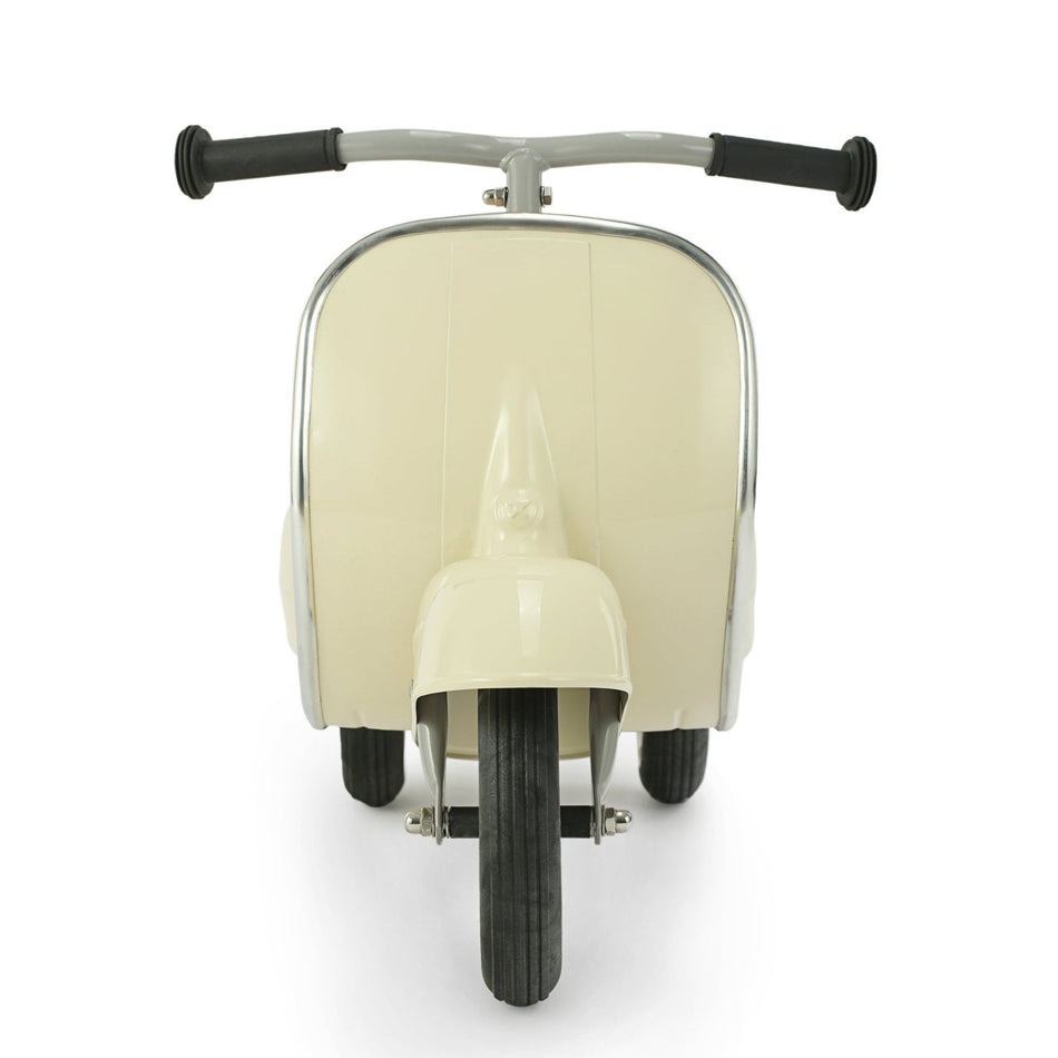 Cream-colored scooter with black handlebars and wheels on a white background