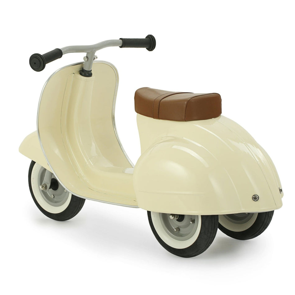 Beige toy scooter with brown seat on a white background
