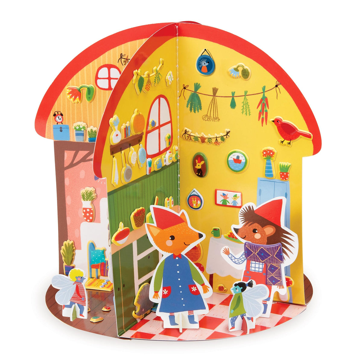 Children's book or board game with cartoon characters and a colorful house design on a white background