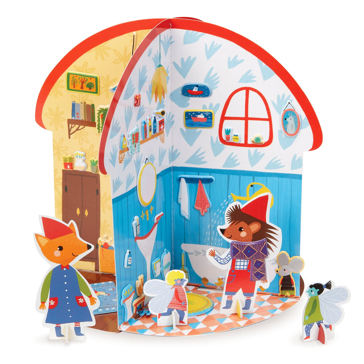 Children's book with a house illustration and character cutouts on a white background