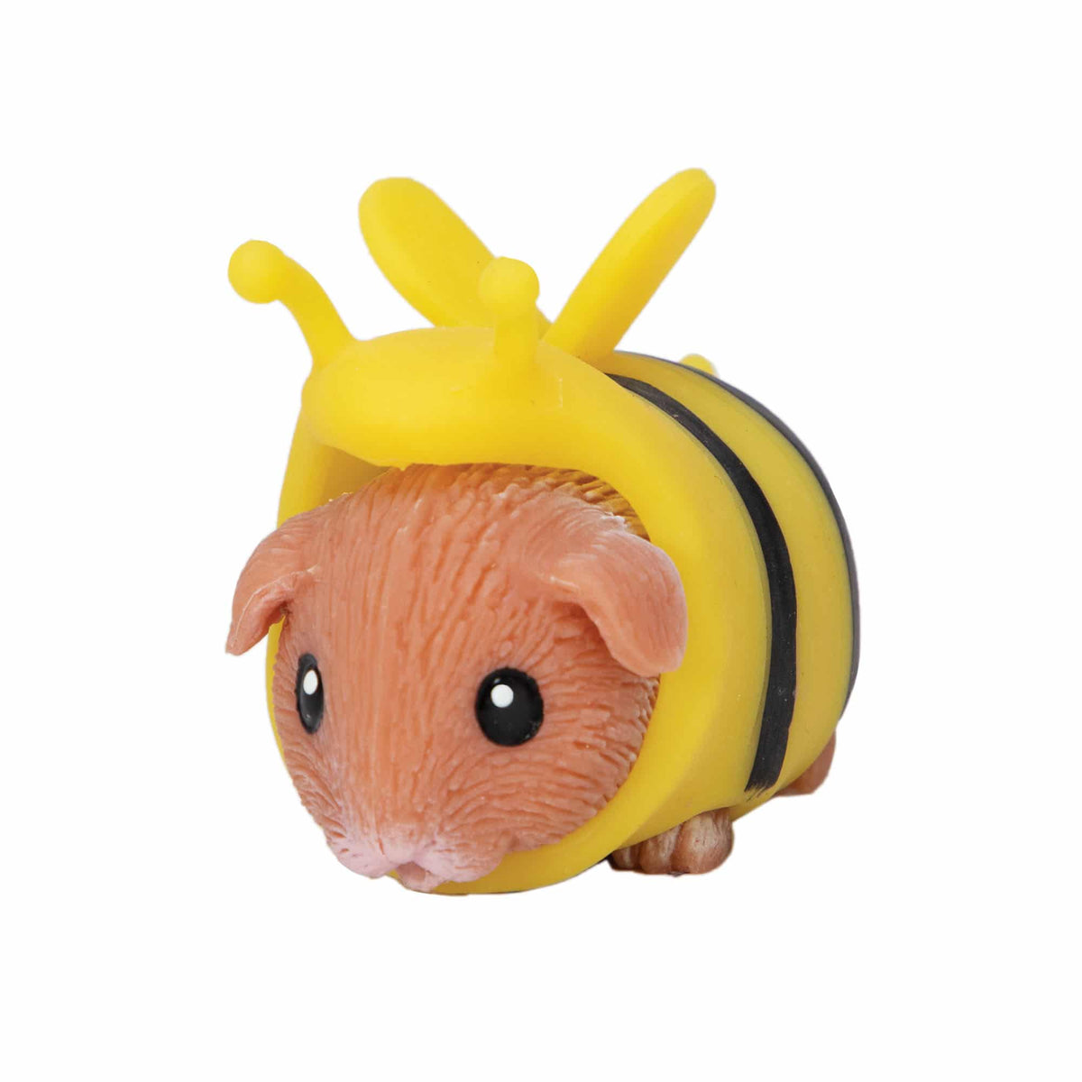 Small animal figurine wearing a yellow, black costume with wings and horn on a white background