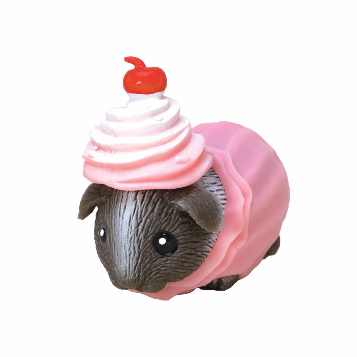Small animal figurine wearing a pink ice cream cone costume on a white background