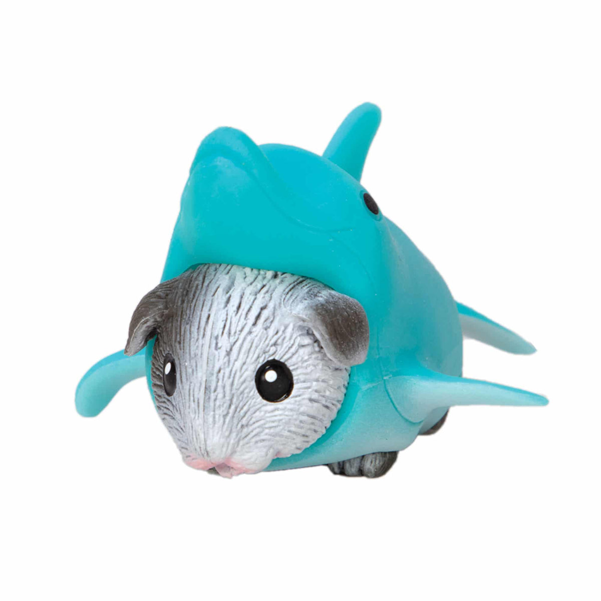 Small animal figurine wearing a turquoise shark costume on a white background