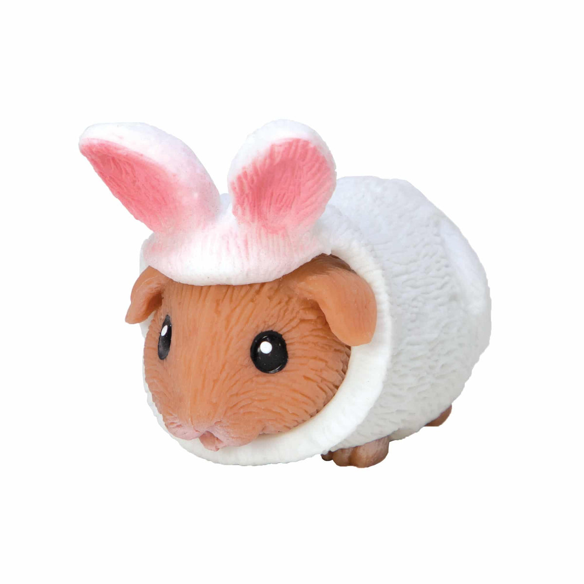 Hamster wearing a bunny costume with a white hat and pink ears on a white background