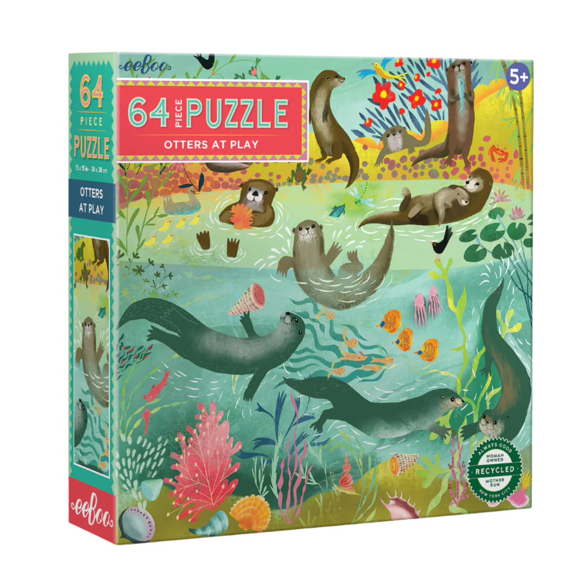 Jigsaw puzzle box with otter illustrations on a colorful background