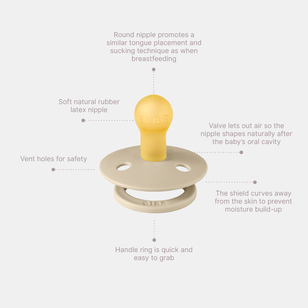 Baby pacifier with text explaining its features on a white background