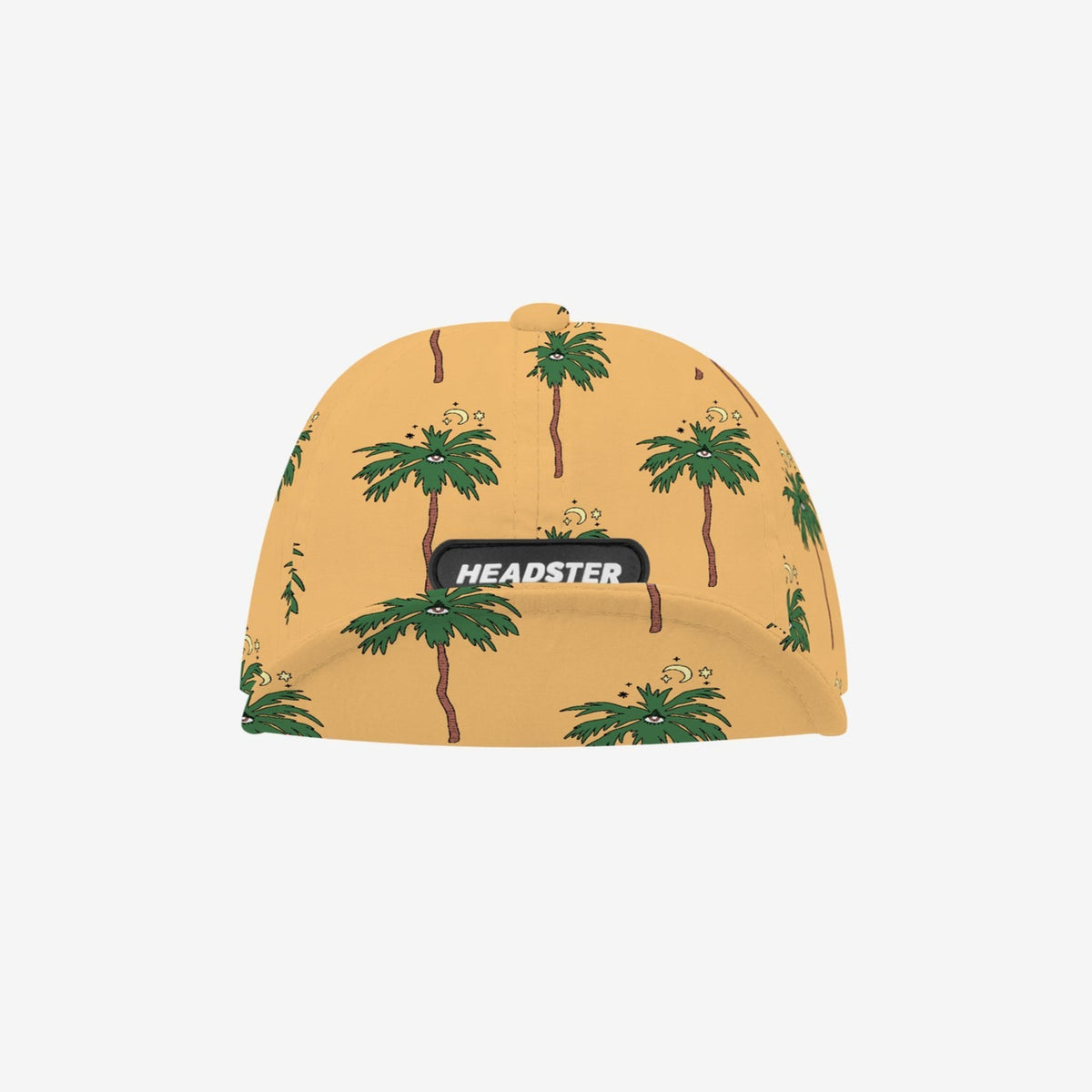 Yellow cap with palm tree pattern and 'HEADSTER' logo on a white background