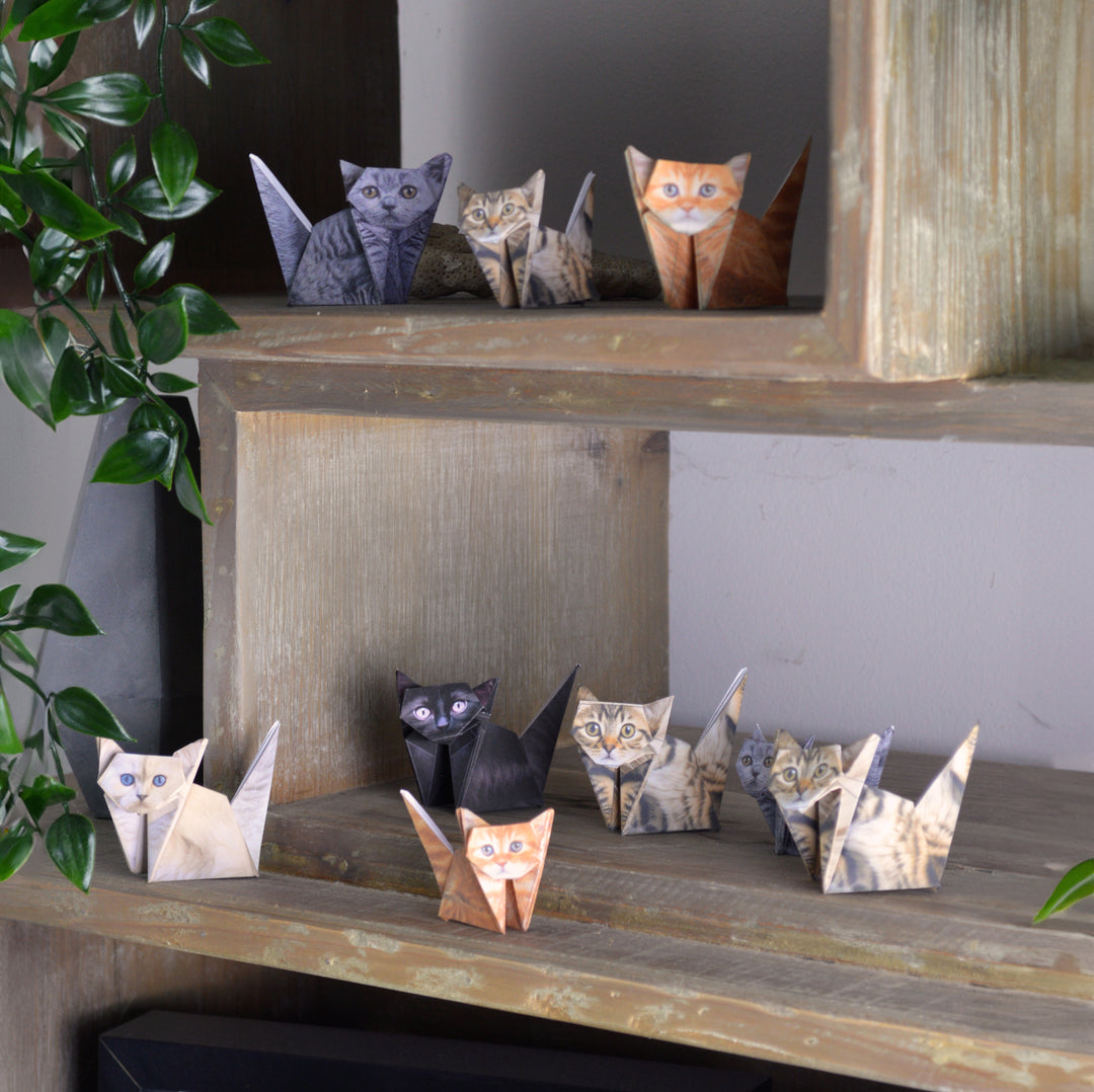 Collection of paper cat sculptures on a wooden shelf with a plant to the left.