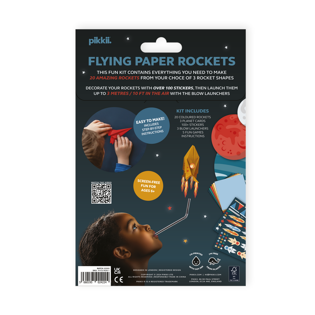 Pakkaging of Pikkil flying paper rockets kit on a white background