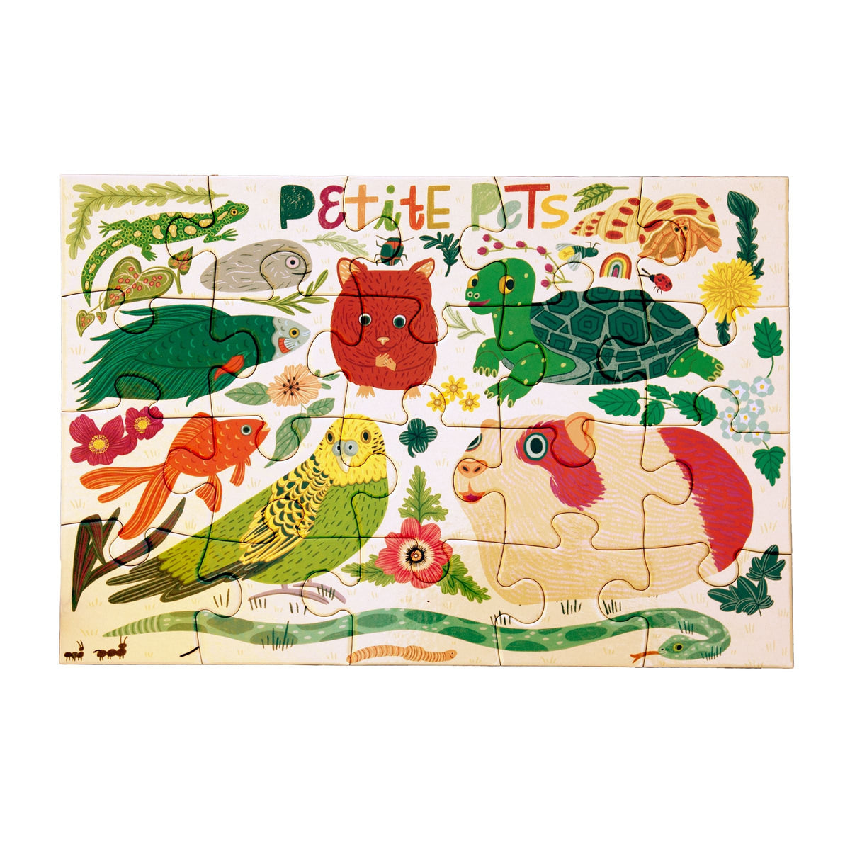The completed Eeboo Petite Pets 20-Piece Jigsaw Puzzle assembled to show the full whimsical illustration of small pets like a guinea pig, bird, goldfish, turtle, and snake in a garden with the "Petite Pets" title visible at the top.