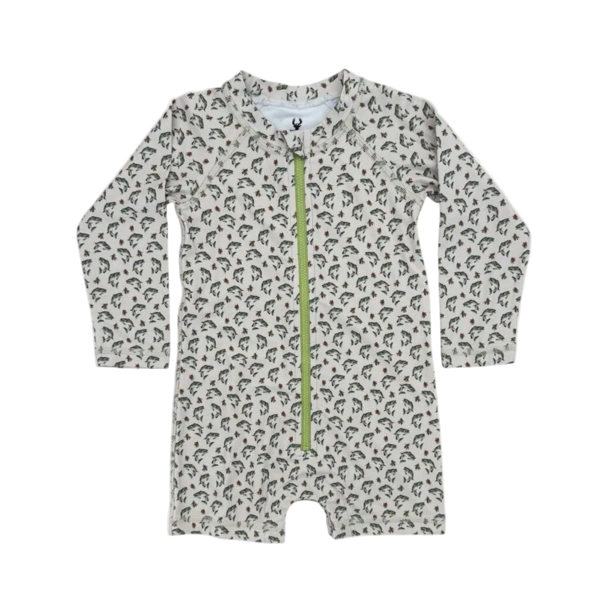 Baby romper with long sleeves and a green zipper on a white background