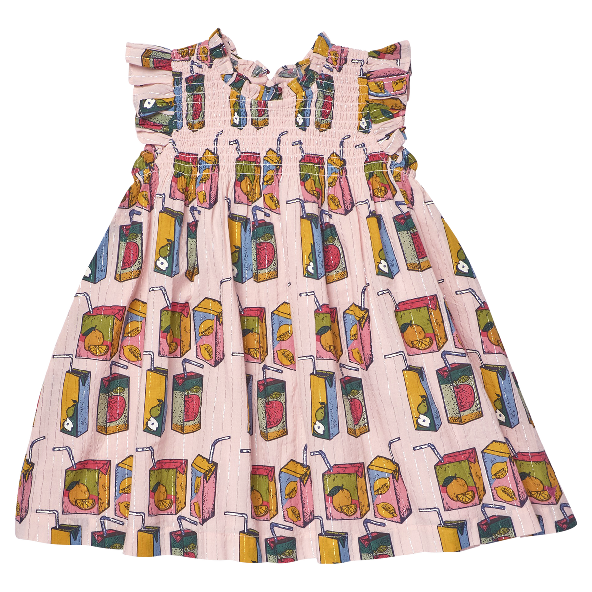 Children's dress with juice box pattern on a white background