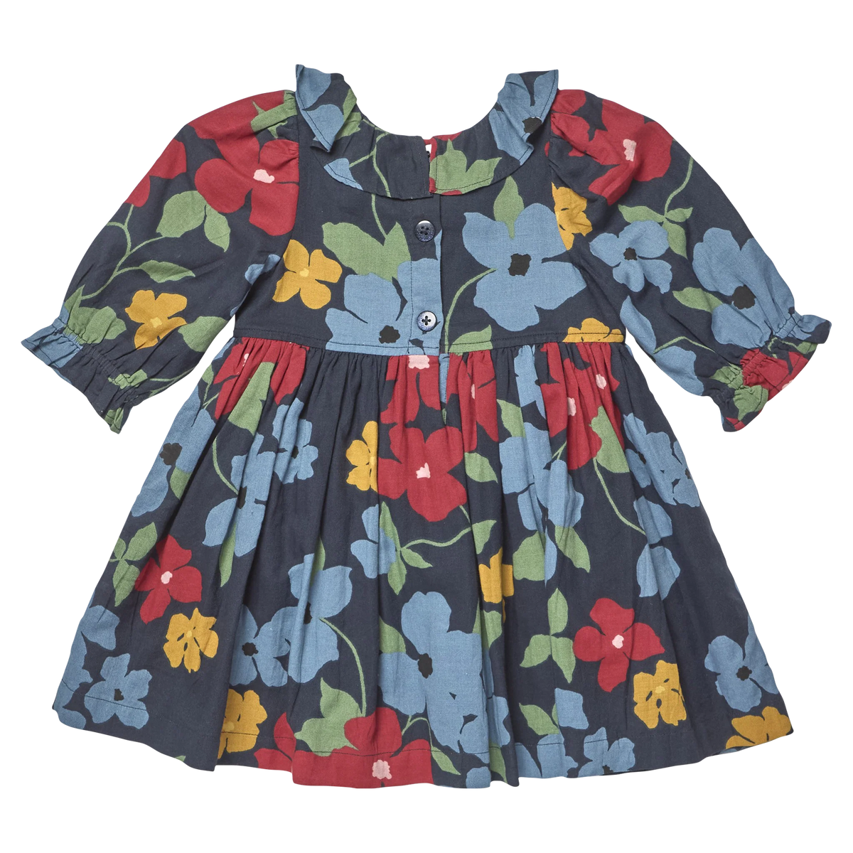 A toddler girl's long-sleeve dress with a dark navy blue background and a colorful floral print featuring light blue, red, yellow, and green flowers. The dress has a buttoned neckline, ruffled collar, and a gathered skirt.