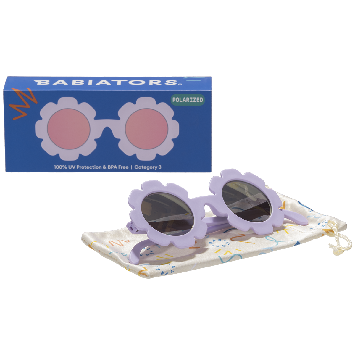 Purple sunglasses with floral design on a white background, featuring Babiators packaging.