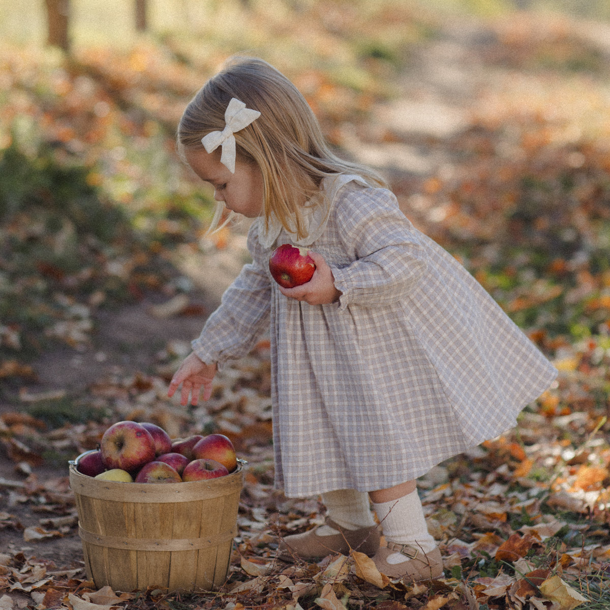 A young girl in a beige and white checkered dress stands in an autumn orchard, holding a red apple next to a wooden basket filled with apples.