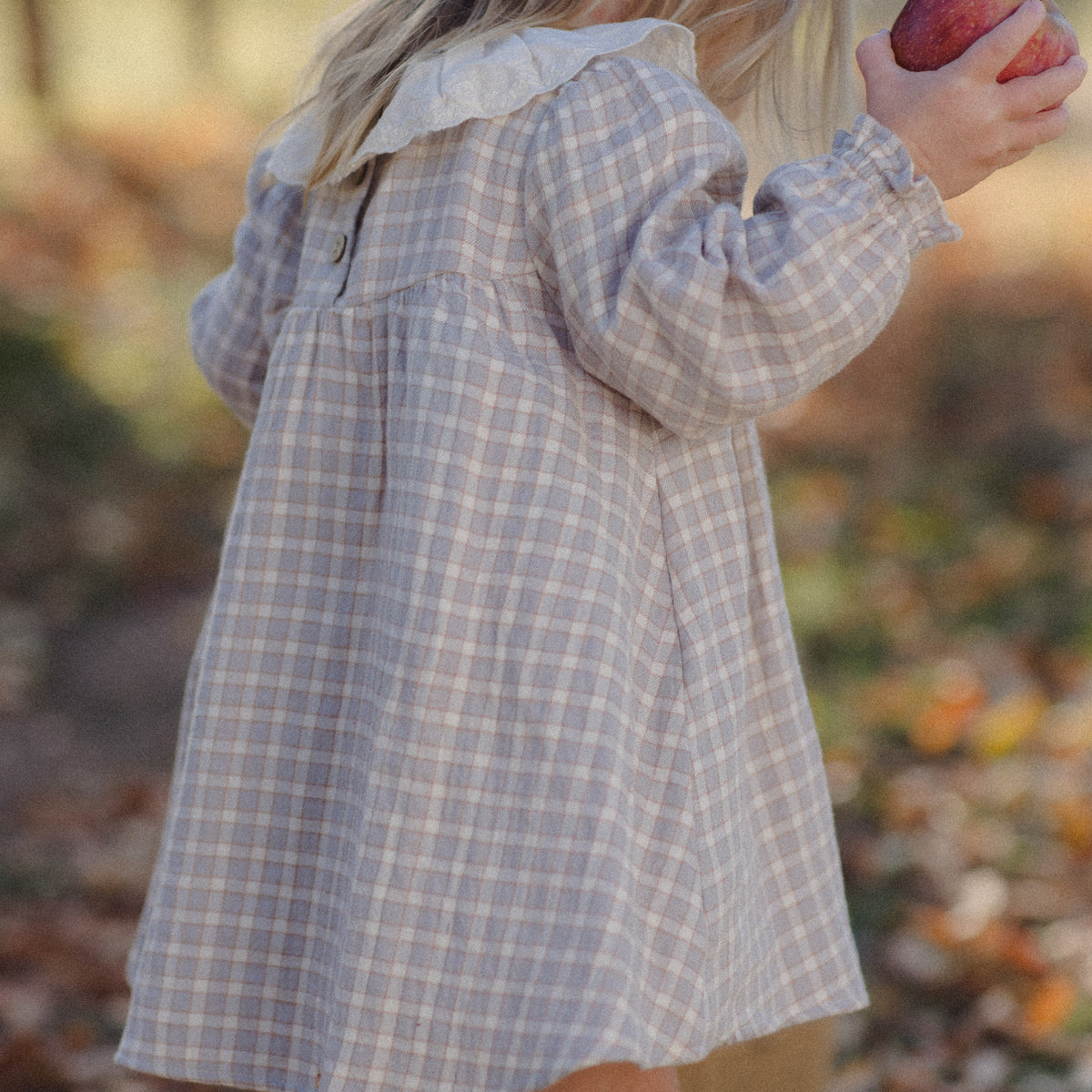 A young girl seen from behind wearing a light beige and white plaid dress with a ruffled collar, standing outdoors in a wooded area with fallen leaves and holding an apple.
