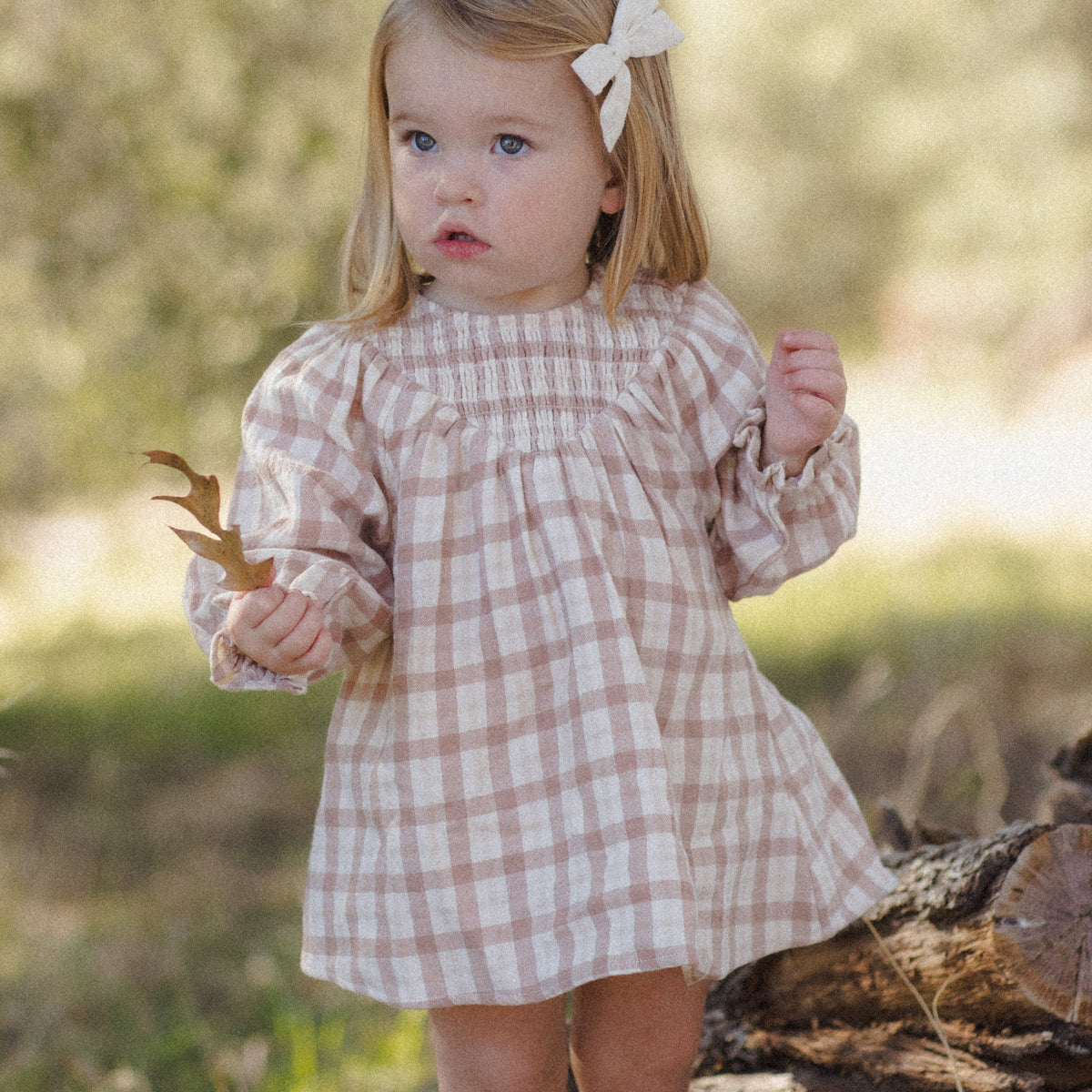A young toddler girl wearing a pink and white gingham dress with a white bow in her hair, standing outdoors in a grassy, wooded area.