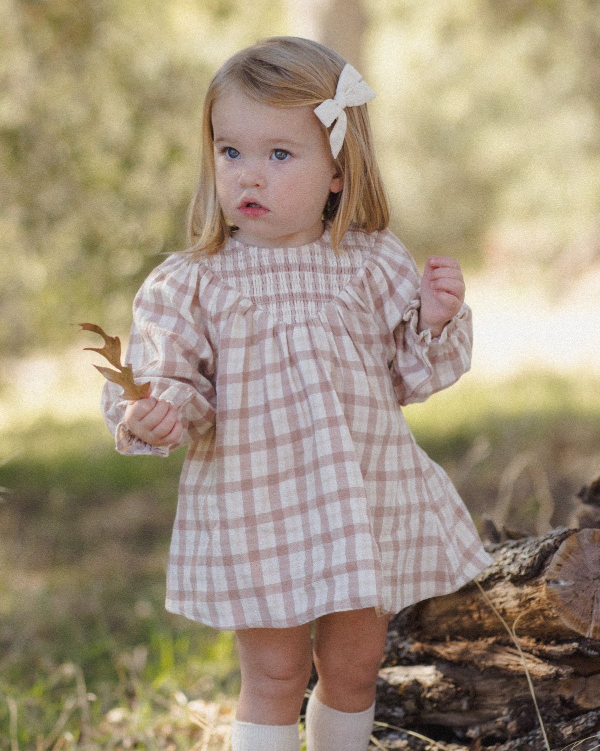 A young toddler girl wearing a pink and white gingham dress with a white bow in her hair, standing outdoors in a grassy, wooded area.