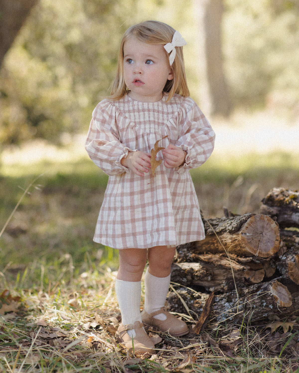A young girl stands outdoors in a wooded setting wearing a pink and white gingham long-sleeve dress, white socks, and tan shoes, with a white bow in her hair.