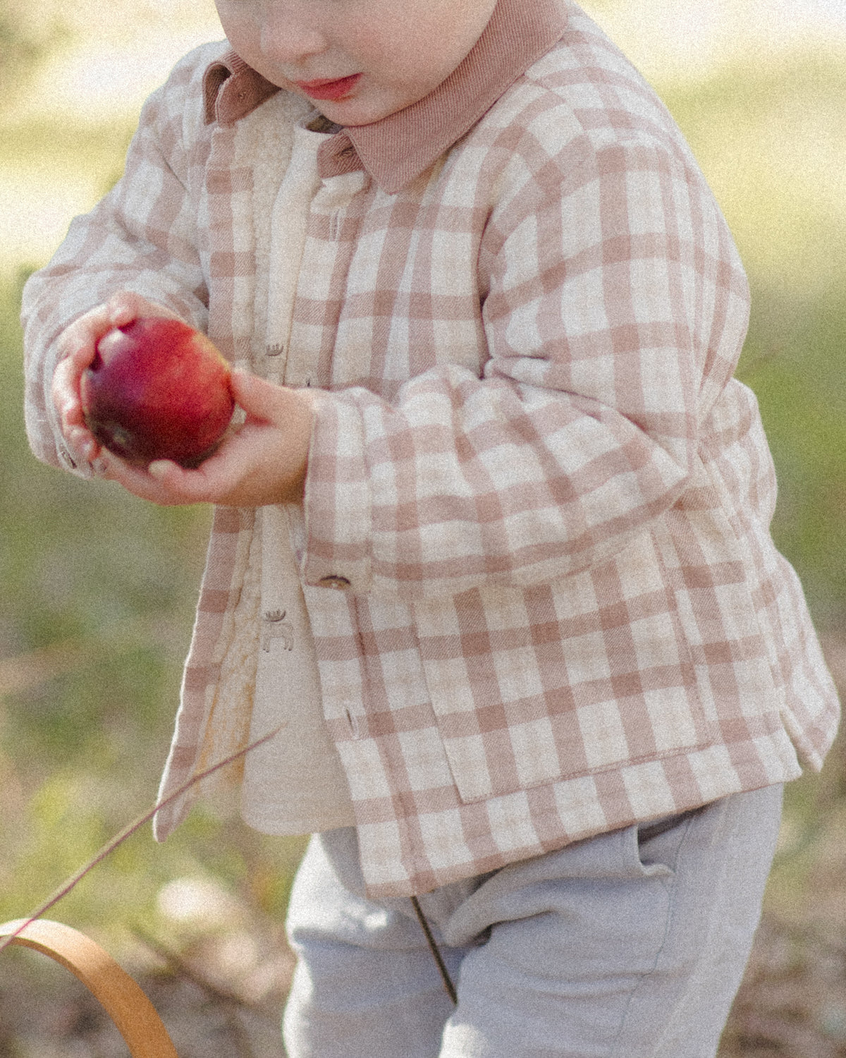 A toddler outdoors wearing a beige and brown plaid button-front jacket over a cream shirt and light gray pants, holding a red apple.