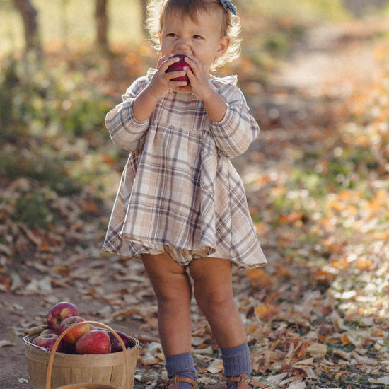 A toddler girl stands outdoors in a wooded path wearing a beige and brown plaid dress, eating an apple. A small wooden basket filled with apples sits beside her.