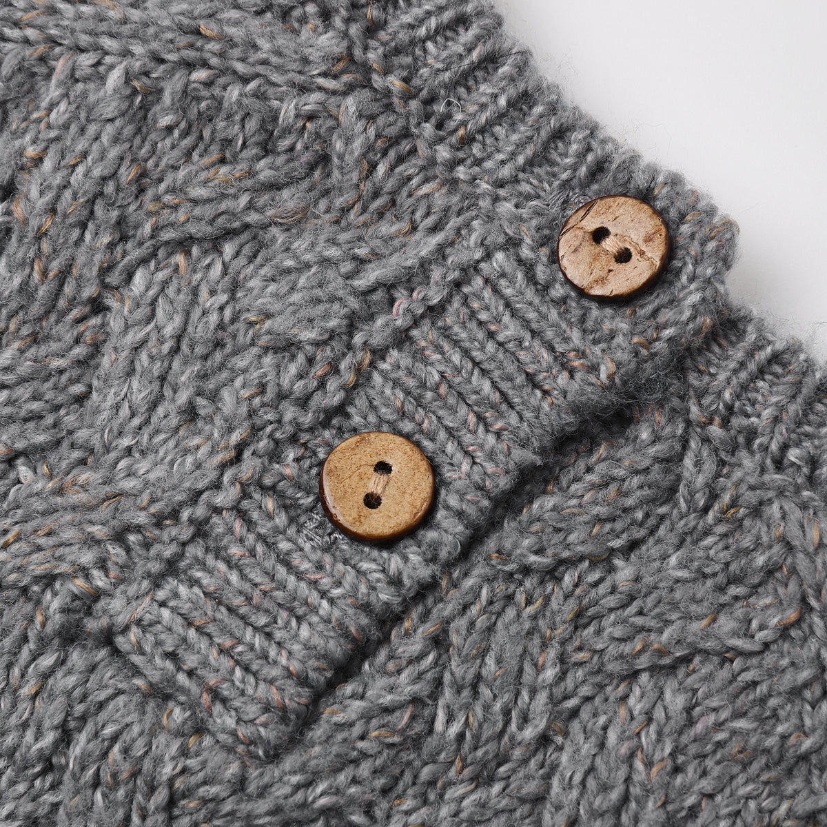 Close-up of a gray cable-knit garment with two brown wooden buttons on a white background.