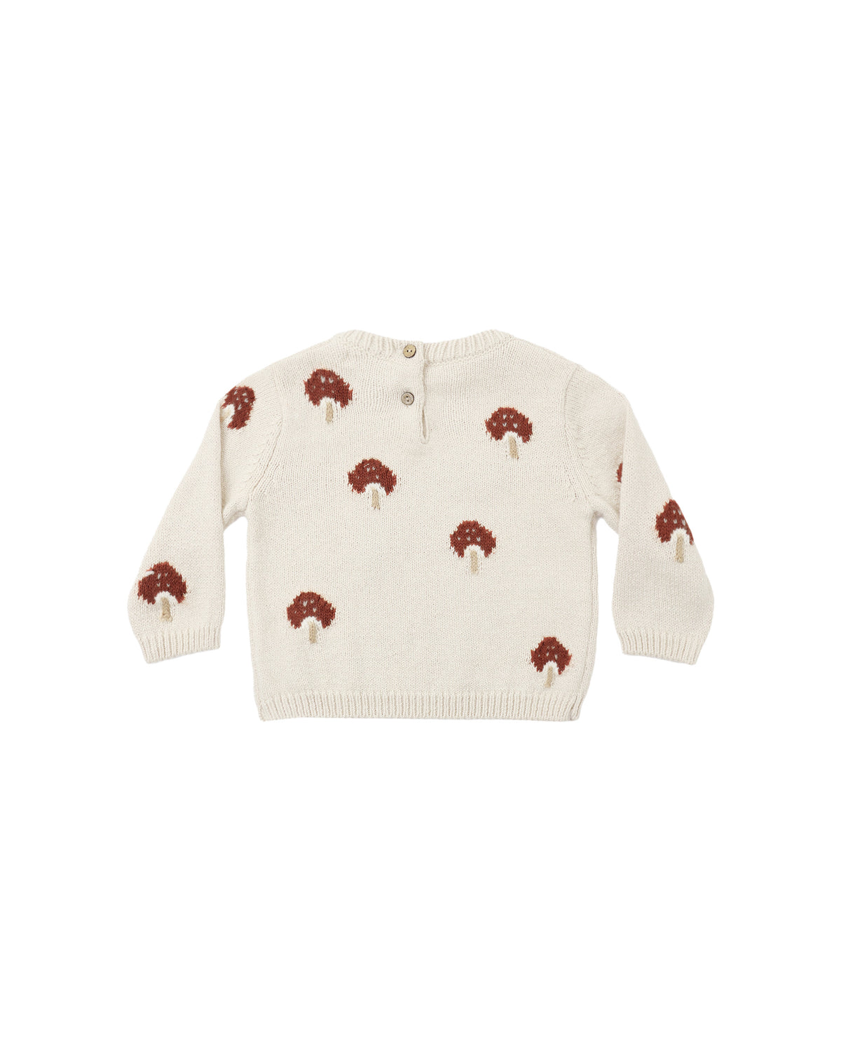 Quincy Mae long-sleeve knit sweater in a cream or parchment hue, featuring an all-over brown mushroom pattern, a round ribbed neckline, and a back button placket.