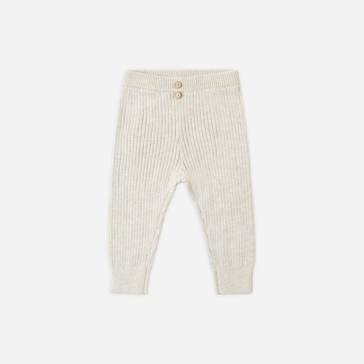 Cream ribbed knit baby pants with a buttoned waistband, shown flat on a light gray background.