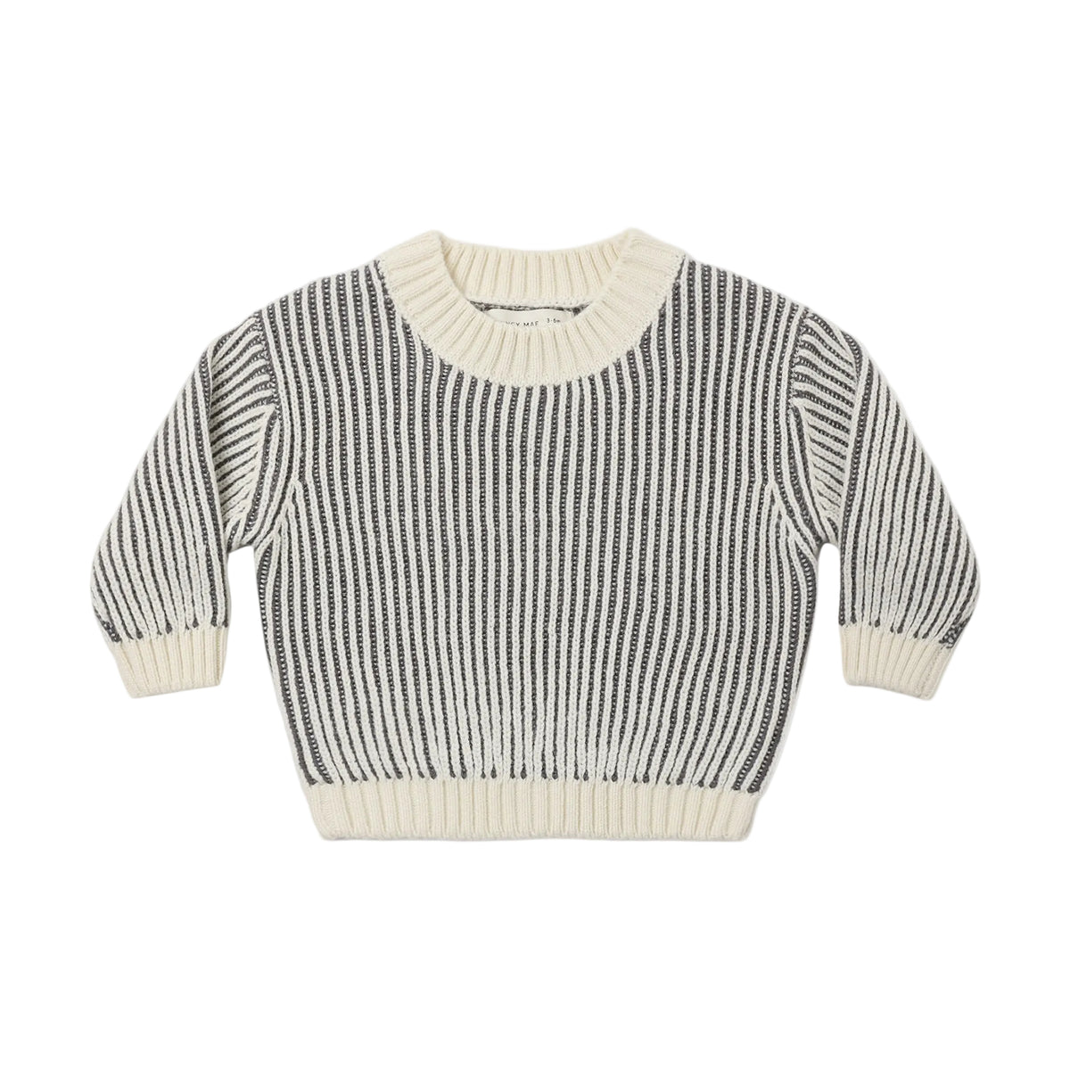 A long-sleeve knit sweater with vertical stripes in dark gray and cream, featuring solid cream ribbed trim on the crew neck, cuffs, and hem, displayed flat against a light gray background.