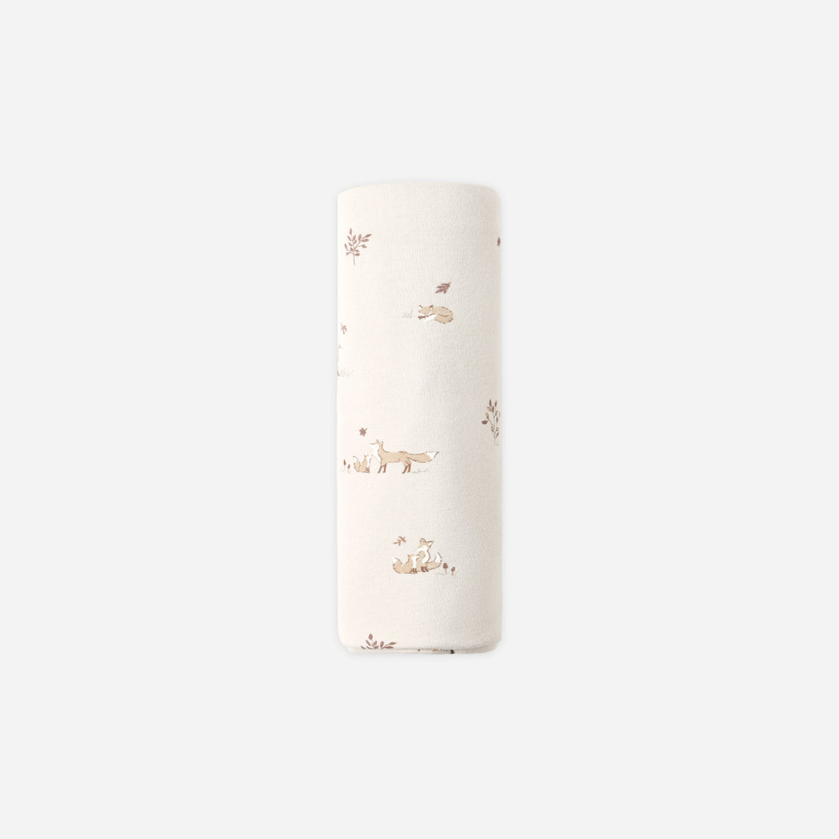 A tall, narrow cylindrical container or roll with a white surface decorated with a delicate, small-scale brown and beige woodland pattern of foxes, rabbits, and plants, set against a solid light gray background.