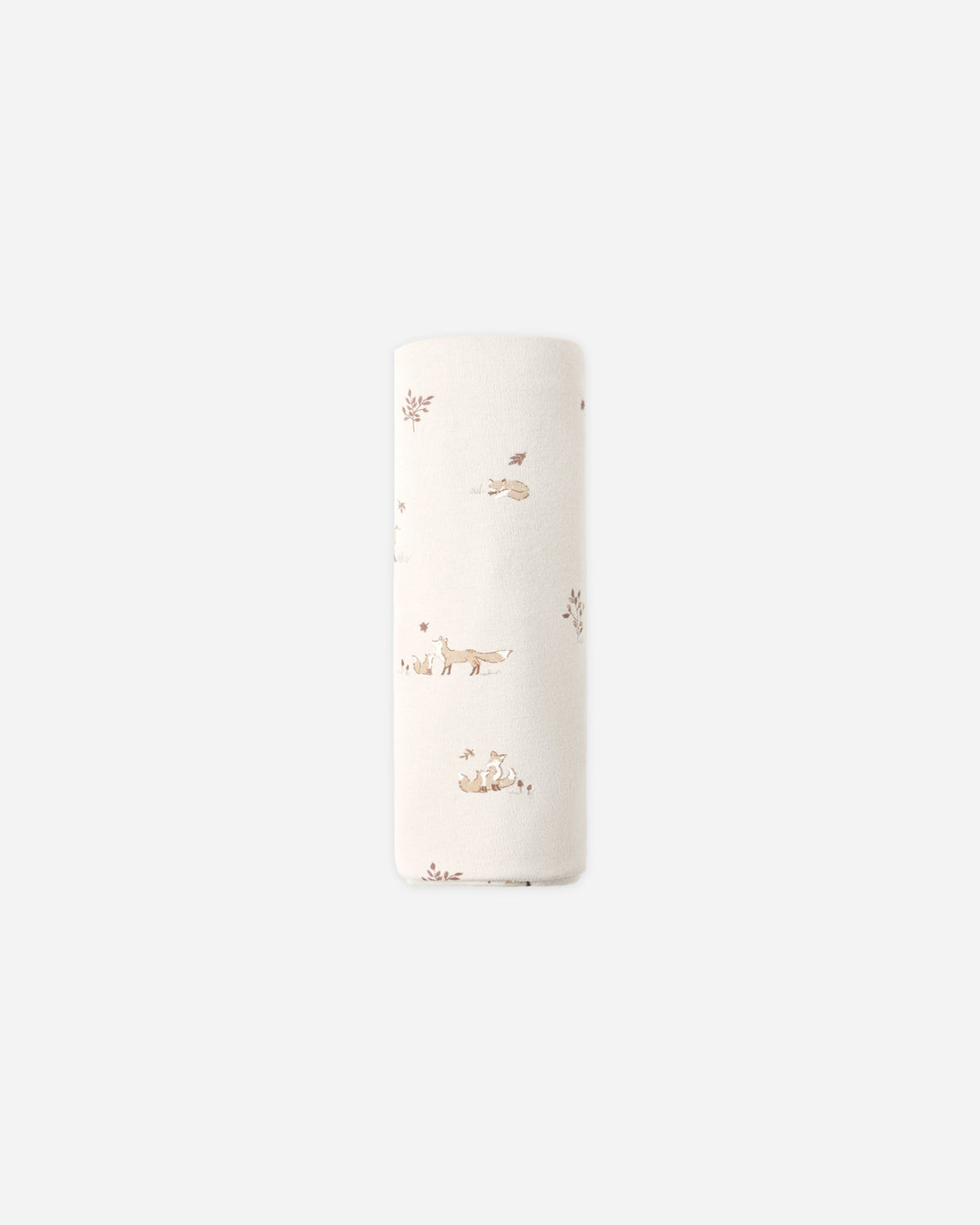 A tall, narrow cylindrical container or roll with a white surface decorated with a delicate, small-scale brown and beige woodland pattern of foxes, rabbits, and plants, set against a solid light gray background.