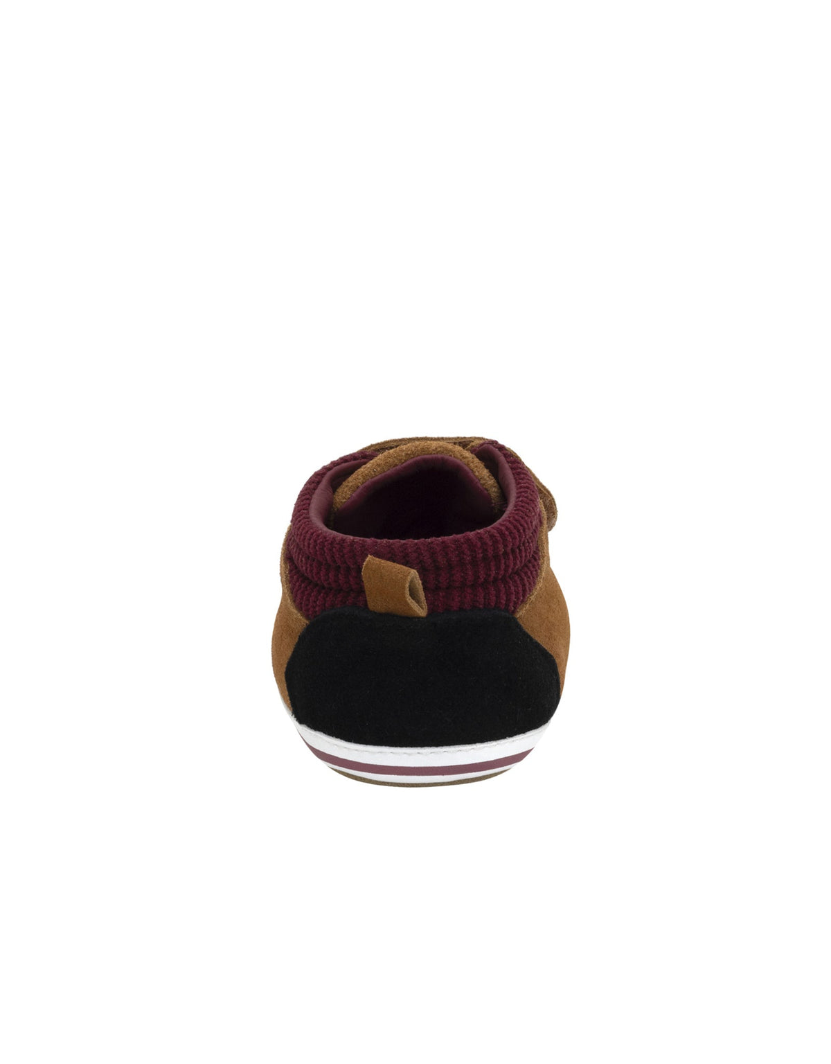 Brown shoe with a maroon sole on a white background