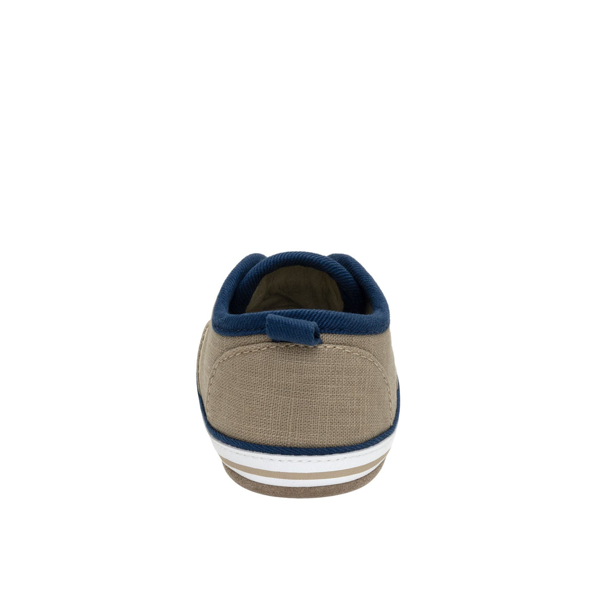 Beige sneaker with blue trim on a white background
