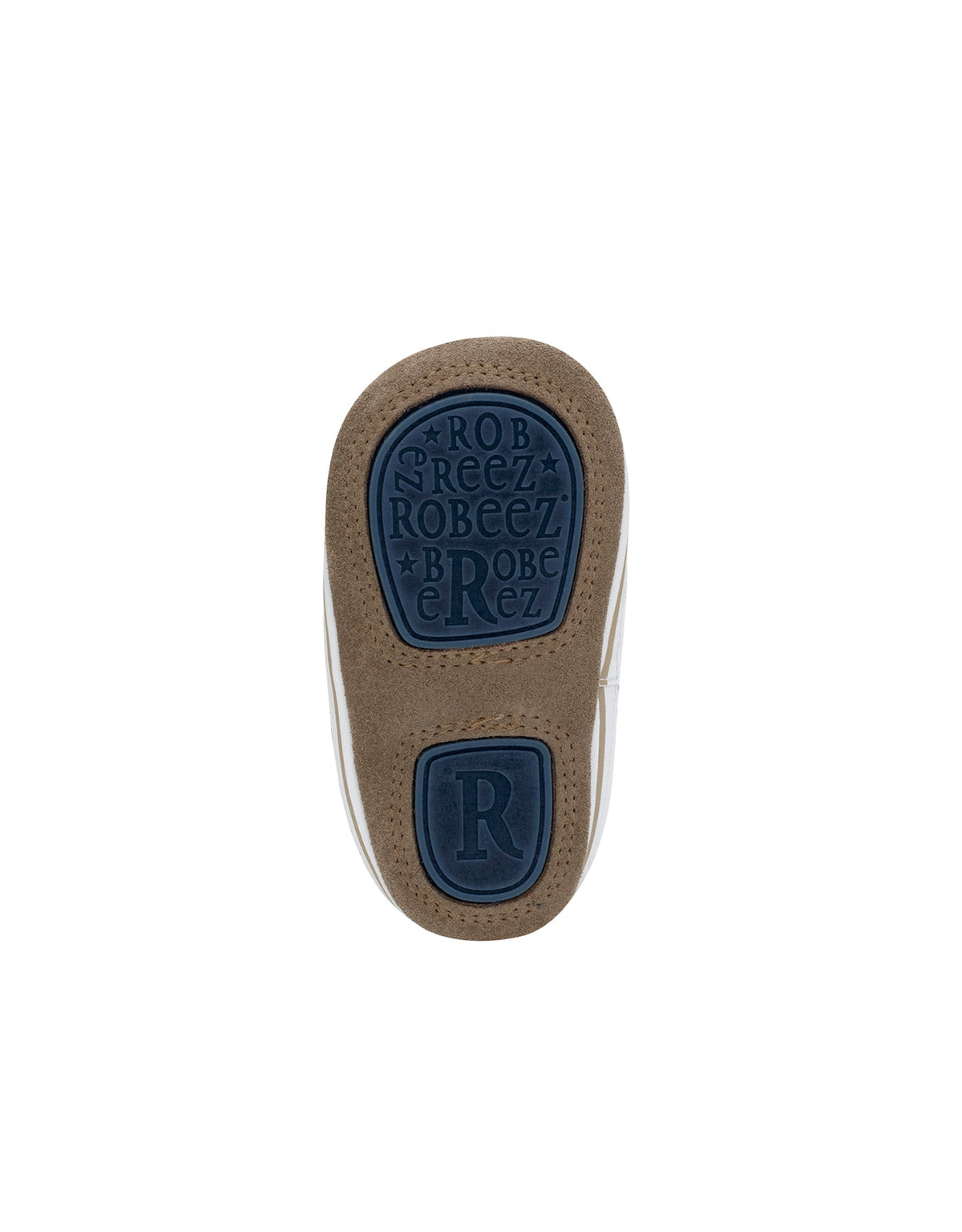Close-up of a shoe sole with 'Robeez' branding on a white background
