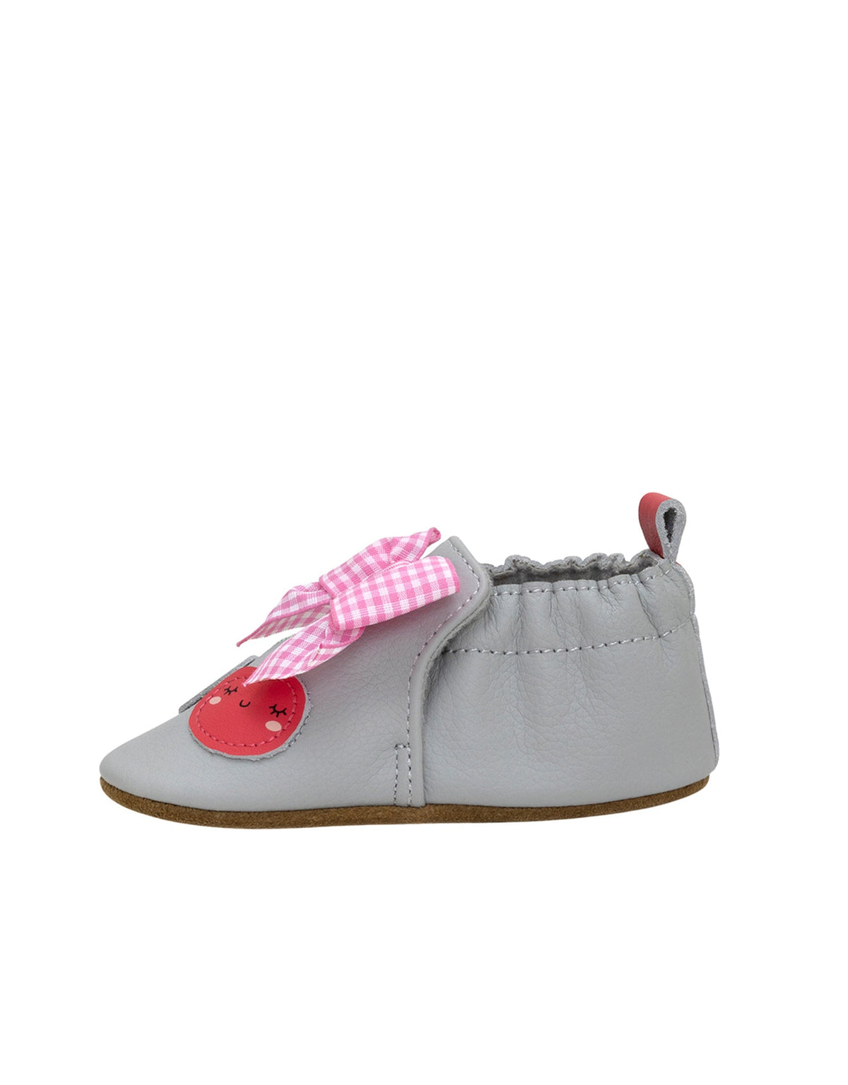 Gray baby shoe with pink checkered bow and red heart on a white background