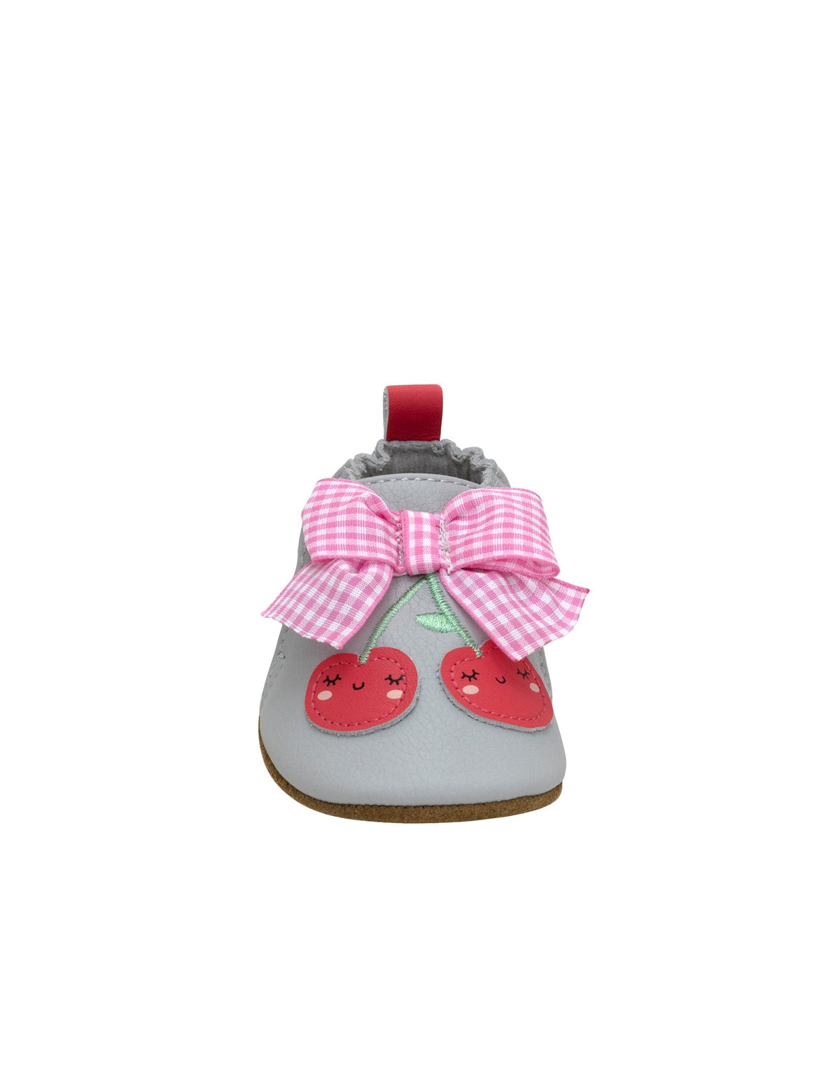 Gray pet boot with pink checkered bow and cherry designs on a white background